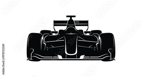 A striking black silhouette showcases the front view of a modern formula one race car emphasizing speed and power silhouette