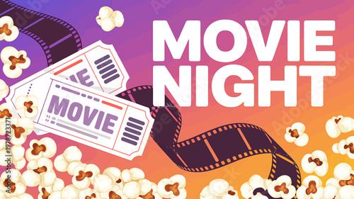 Movie night with popcorn and film tickets on colorful background