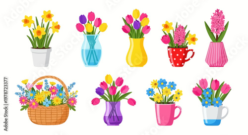 Collection of Vibrant Spring Flower Arrangements in Vases, Pots, and Basket