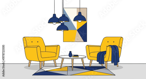 A minimalist living room scene features two yellow armchairs a small table and abstract art
