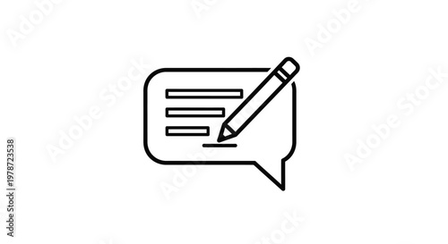 A simple black and white line drawing depicts a speech bubble with a pencil writing inside