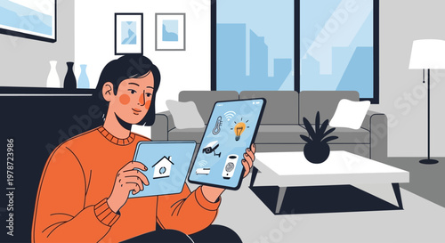 man holding tablet with smart home interface in modern living room