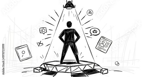 A man under a spotlight with question marks and speech bubbles around him, representing uncertainty and contemplation.