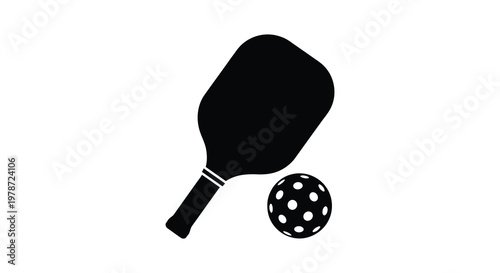 A stark black silhouette depicts a pickleball paddle and ball representing the popular racquet sport silhouette high quality