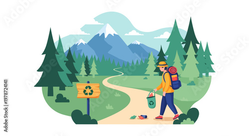 Man picking up trash in a forest