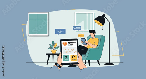 Man relaxing at home with laptop and phone