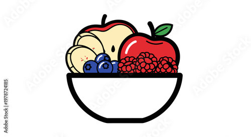 A bowl of fresh fruit including apples and berries.