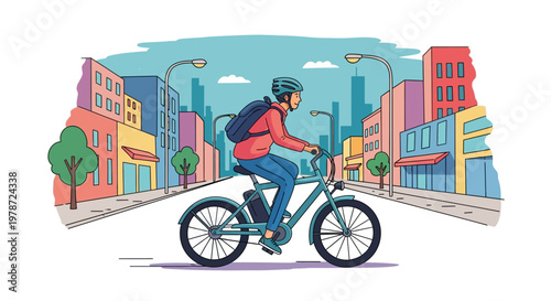 Man riding bicycle through city street