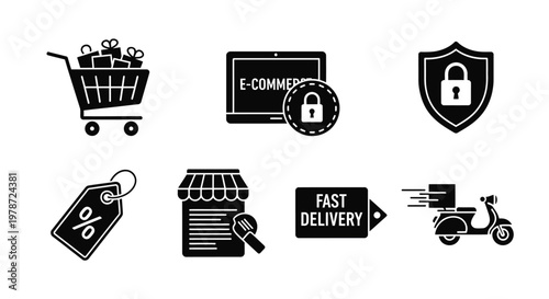 E commerce icons including shopping cart laptop and security a black silhouette