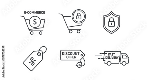 E commerce icons depicting shopping security and discounts as a flat silhouette