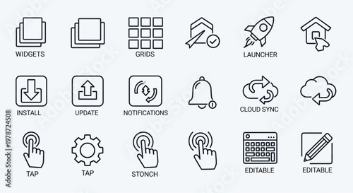 Collection of minimalist application icons in a grid arrangement silhouette