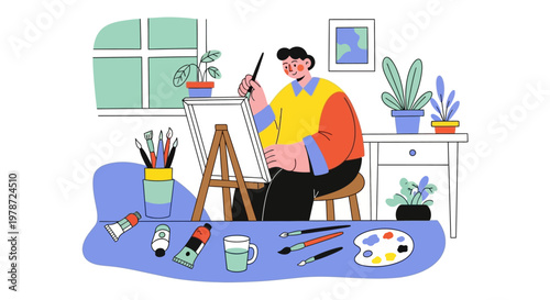 Artist painting in studio with colorful art supplies