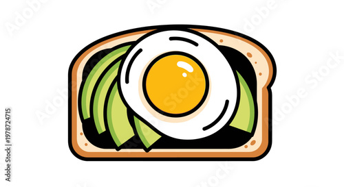 Cartoon illustration of avocado toast with egg.
