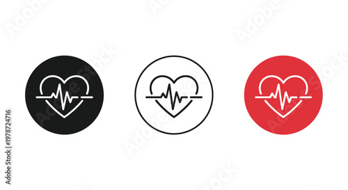 Three circular icons displaying a stylized heart with an electrocardiogram line in varying colors
