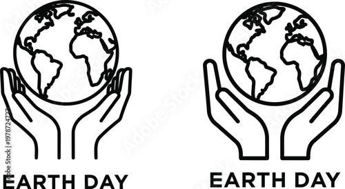 Earth Day line art icons, hands holding planet earth globe vector set, environmental protection and ecology conservation symbols