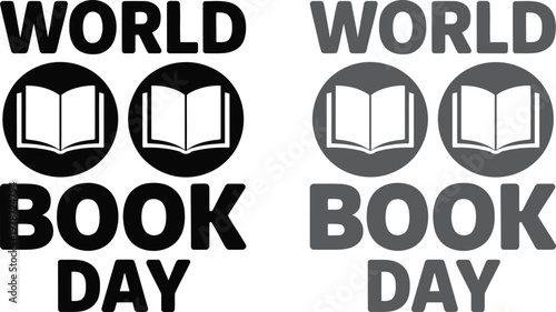 World Book Day typography set, minimalist book icon vector illustration, black and grey literary event logo for education and reading promotion