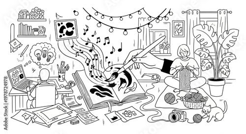 Black and white illustration of a woman in a messy room with music and plants