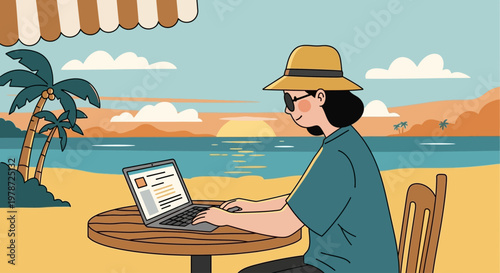 Man working on laptop at beachside table