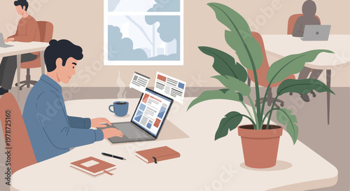 man working on laptop at office desk with plant