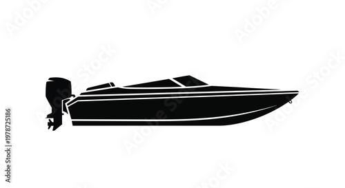 Silhouette of a speed boat with an outboard motor against a white background