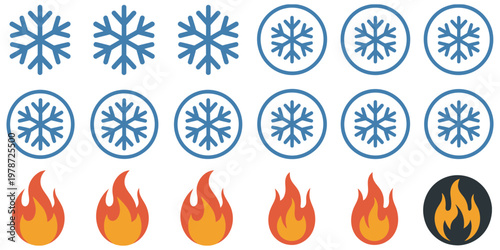 Snowflake and flame icon collection, winter and fire symbols for weather, temperature, and climate vector graphics, suitable for seasonal design, HVAC, and environmental illustrations.