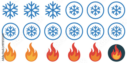 Snowflakes and flames icons set, winter and fire symbols for weather and temperature graphics, vector illustration for climate, seasonal design, heating and cooling concepts.