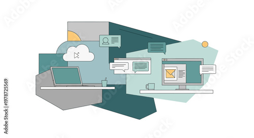 Minimalist office workspace with digital devices and cloud computing