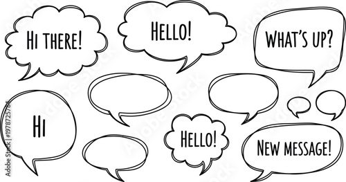 Hand-drawn speech bubbles and thought clouds with greetings and messages for comic or chat design "hi there "what's
