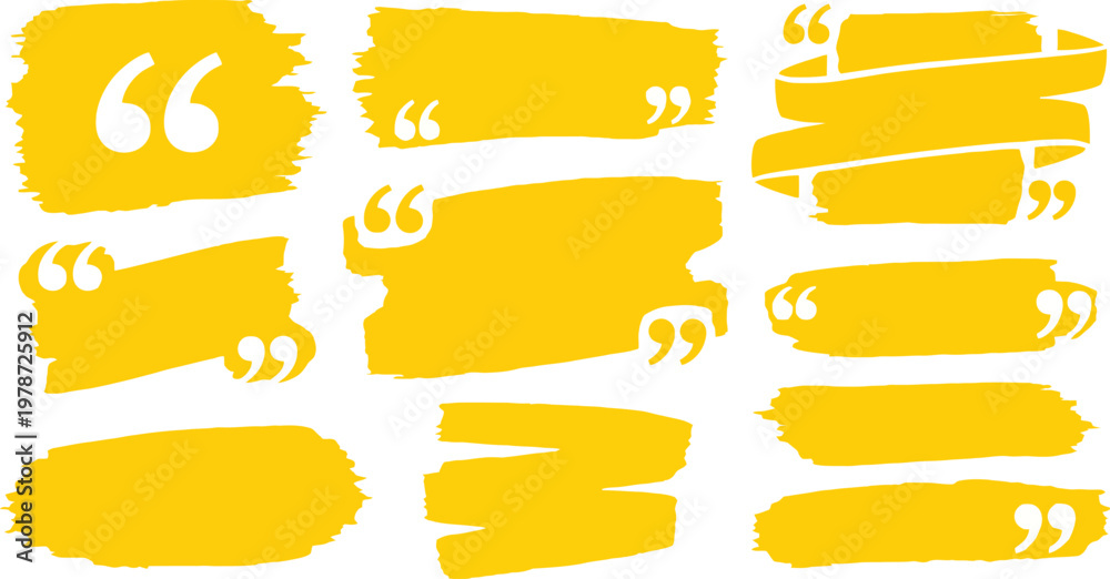 Obraz premium Yellow brush stroke speech bubbles and quote boxes with speech bubble text box quotation marks hand painted design element