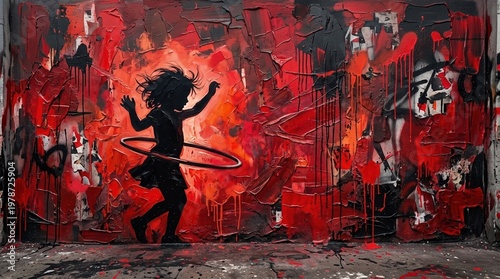 Child playing with hoop silhouette against red and charcoal palette knife wall. Palette knife oil painting textures, thick impasto