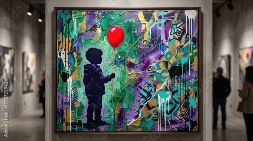 Child with red balloon silhouette against emerald and violet mixed media wall. Palette knife oil painting textures, thick impasto,