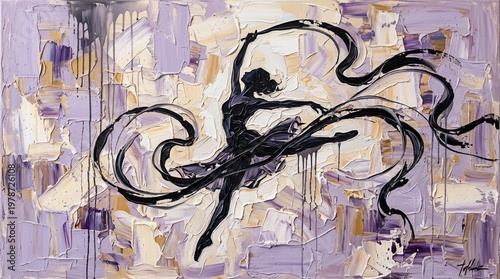 Dancer with flowing ribbons silhouette against soft lavender and cream palette knife strokes. Palette knife oil painting textures,