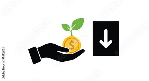 A hand offering a gold coin with a sprouting plant and a downward arrow symbol