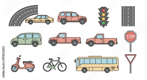 Vehicles on road transportation icons set.