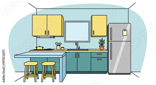 A brightly colored minimalist kitchen illustration features cabinets a sink stove and breakfast bar