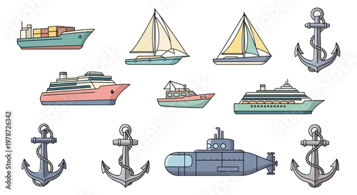 Nautical anchors and various boats.