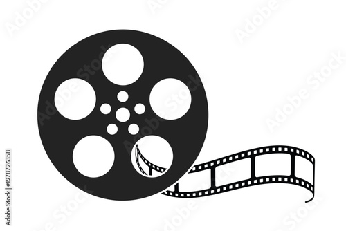 Classic film reel with a partially unspooled strip of movie film isolated on white background, Vector, illustration