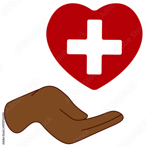 A dark skinned hand held open with a red heart with a medical cross cutout. Symbolizes healthcare access, heart disease awareness, and cardiovascular health risks in diverse communities.