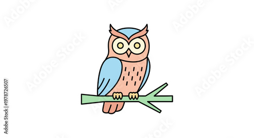 Colorful cartoon owl sitting on branch.