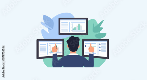 Businessman multitasking with multiple computer monitors