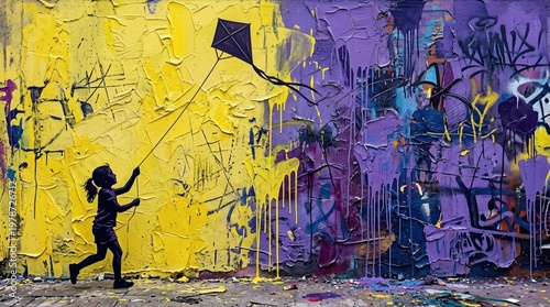 Young girl with kite silhouette against lemon yellow and violet impasto wall. Palette knife oil painting textures, thick impasto,