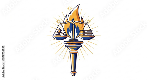 Illustration of a torch with a flame and scales on top symbolizing justice and truth with radiant lines in the background