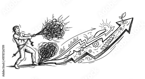 Businessman pushing growth chart with obstacles