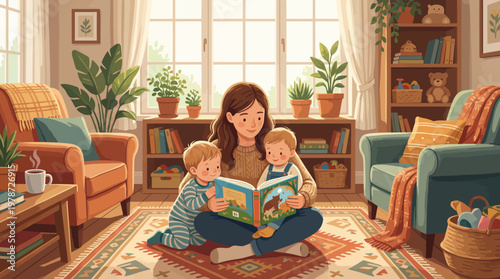 A heartwarming scene of a mother reading a storybook to her two young children, creating cherished memories together