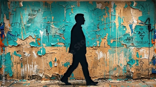 Man in spectacles silhouette against turquoise and sandy beige peeling paint. Palette knife oil painting textures, thick impasto,