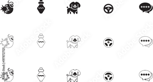 Diverse collection of creative icons including bomb, potion, cute puppy, steering wheel, and chat message bubble