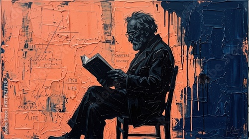 Old man reading book silhouette against peach and navy blue color blocking. Palette knife oil painting textures, thick impasto,