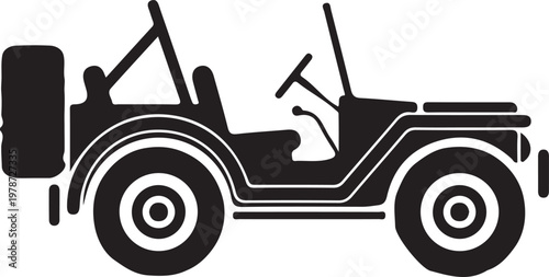 Black, vector jeep icon, side view, minimalist design, off-road vehicle