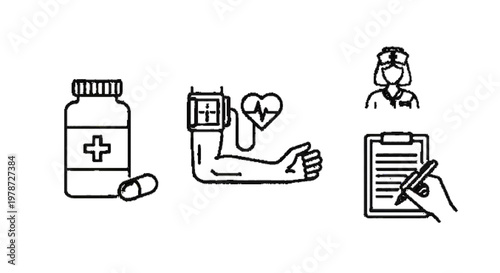 Nurse daily routine icons, medication, checking vitals, report writing, simple line style