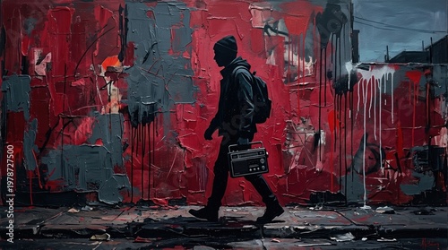 Person with vintage radio silhouette against crimson and slate grey textured surface. Palette knife oil painting textures, thick